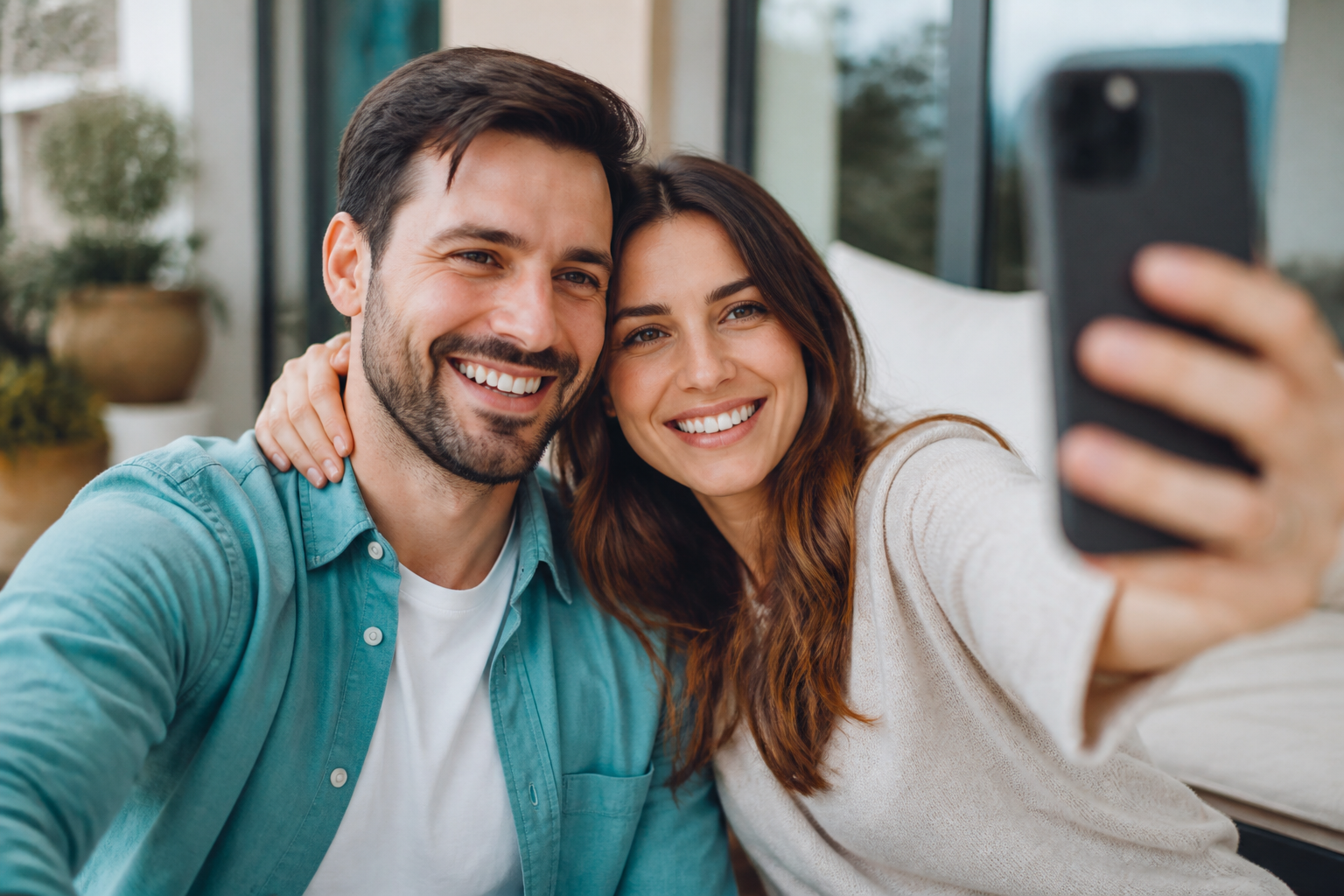 Happy couple smiling together while taking a selfie